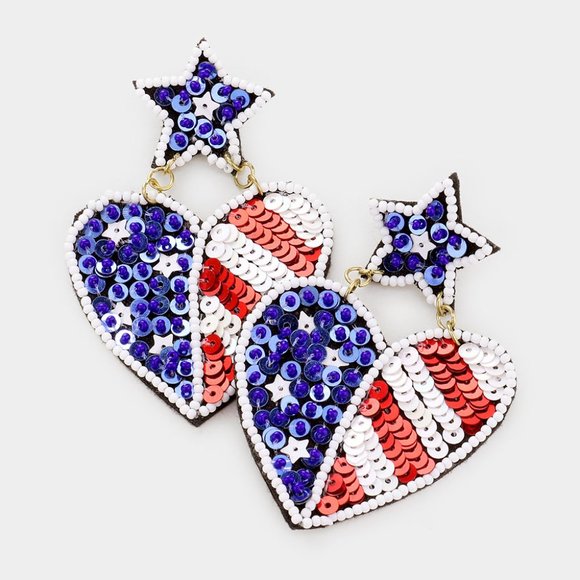 Seed Beaded Earrings Bead USA American Flag Heart Star Jewelry 2.5"L Felt Back - Picture 1 of 1